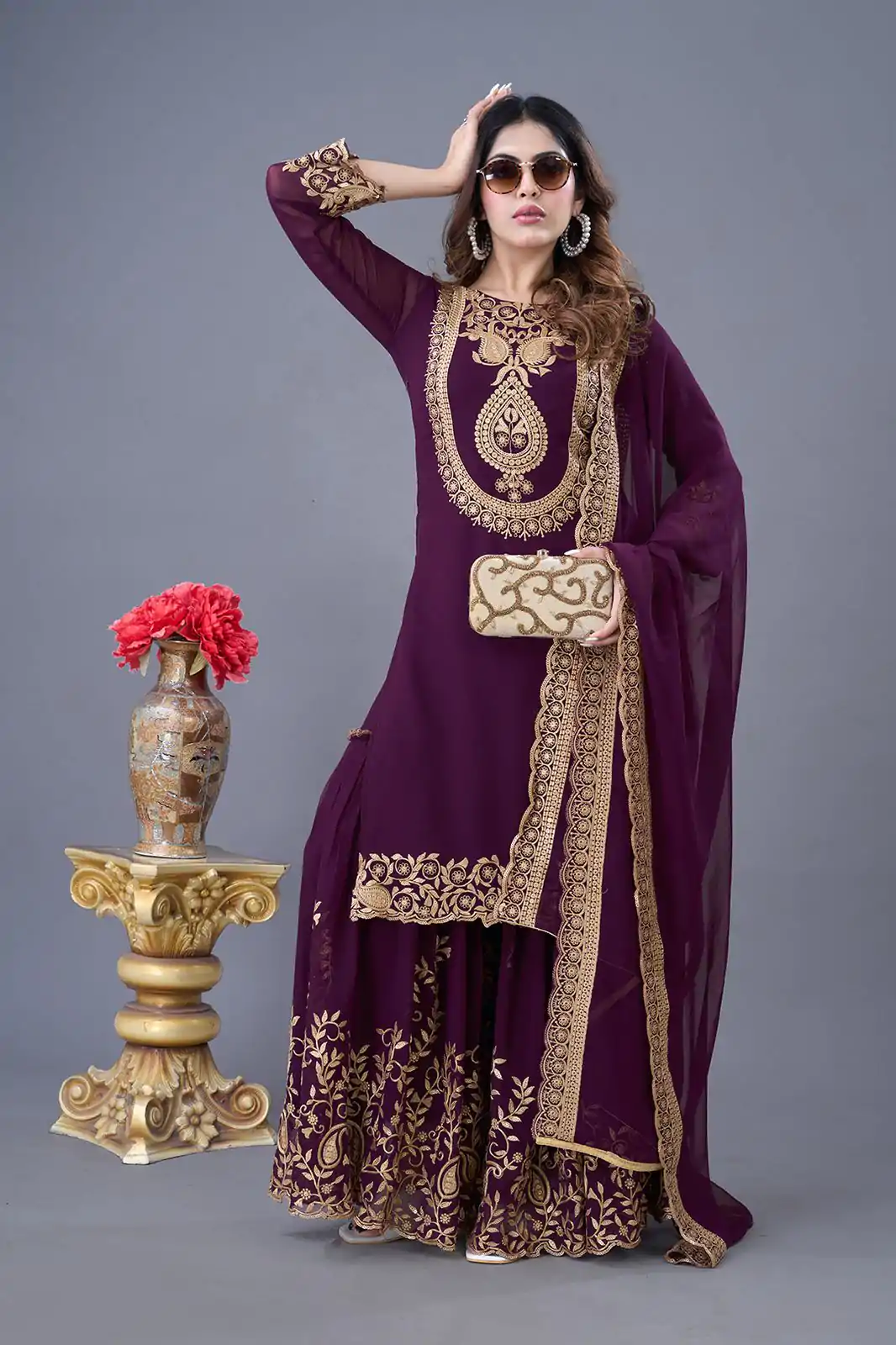 Wine Faux Georgette Embroidery Sequence Work Salwar Suit - Image 3