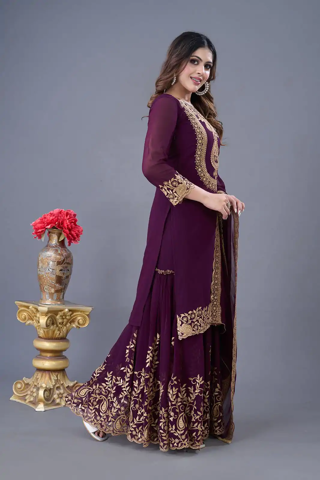 Wine Faux Georgette Embroidery Sequence Work Salwar Suit - Image 4