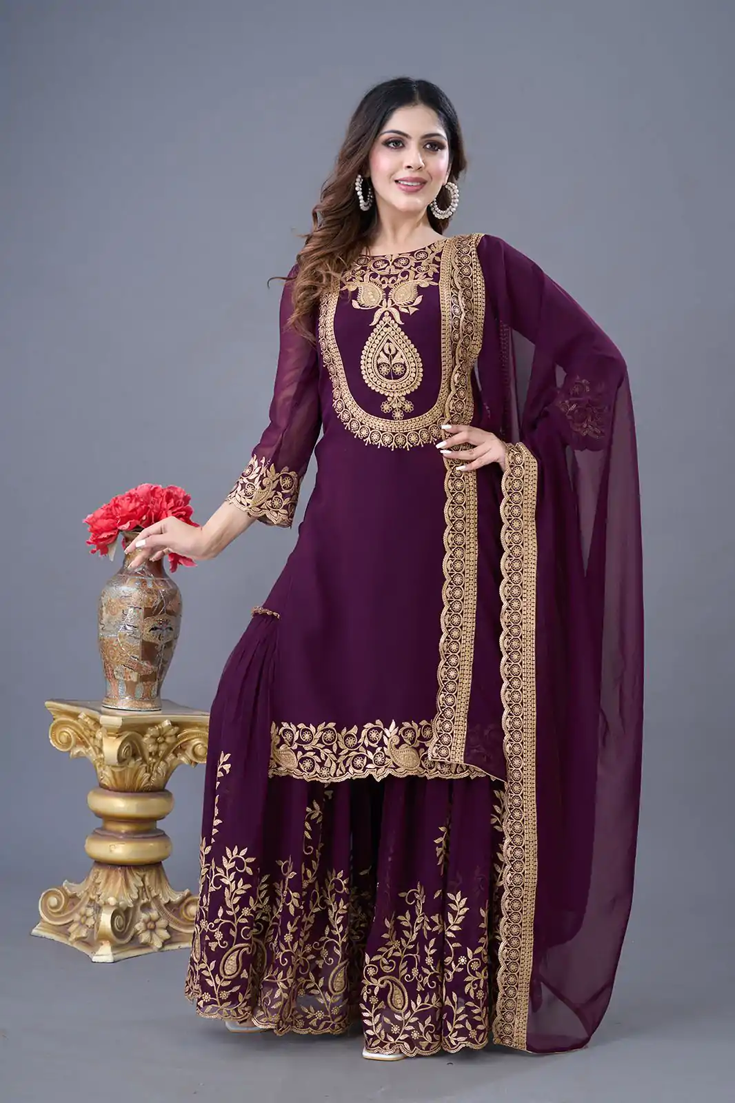 Wine Faux Georgette Embroidery Sequence Work Salwar Suit - Image 6