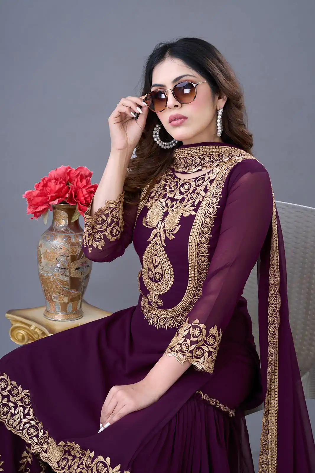 Wine Faux Georgette Embroidery Sequence Work Salwar Suit - Image 8