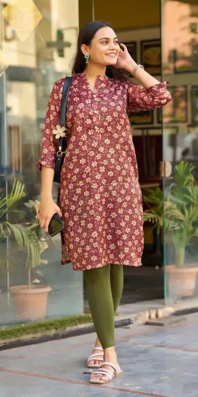 Marron Simmer Silk Office Wear Printed Kurti
