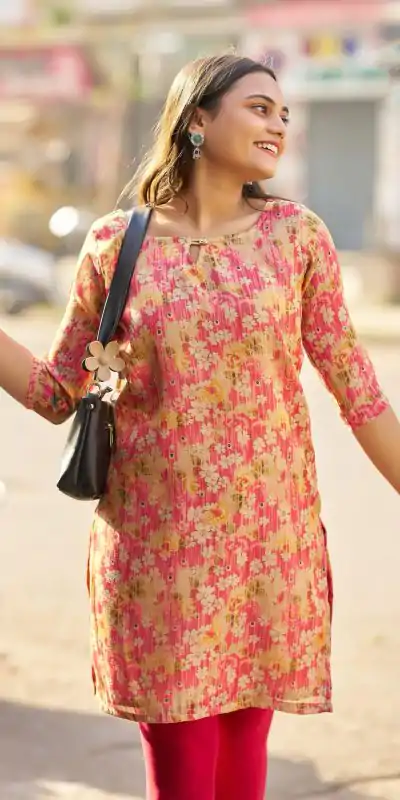 Peach Simmer Silk Office Wear Printed Kurti