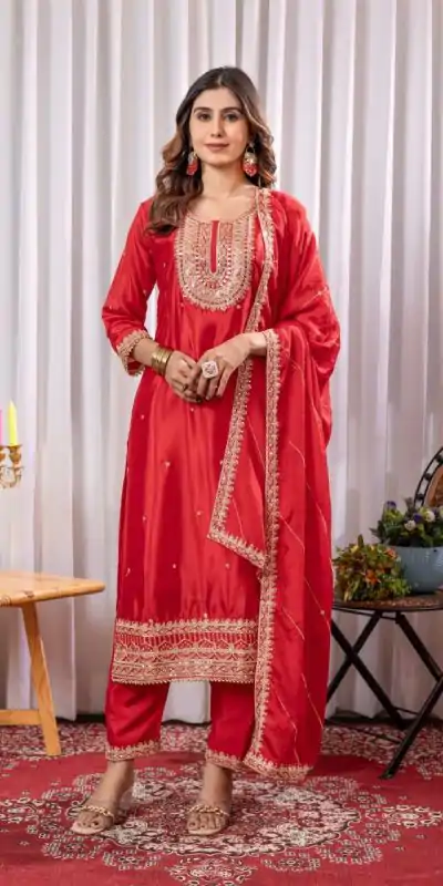 Bright Red Color Chinon Thread Sequence Work Salwar Suit