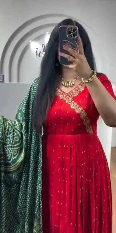 Elegant Red Color Chinon Thread Sequence Work Gown