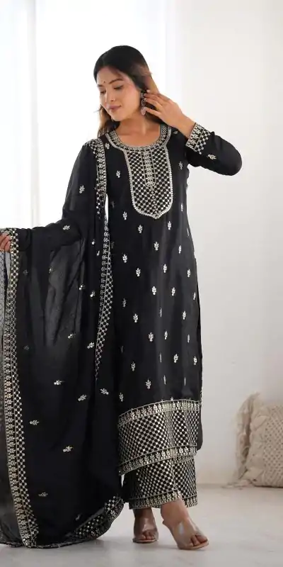 Lovely Black Color Chinon Silk Embroidery With Jari Work Salwar Suit