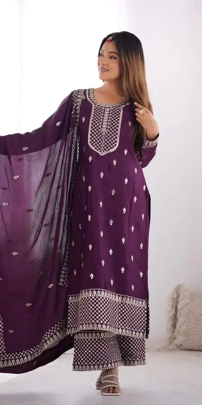 Lovely Wine Color Chinon Silk Embroidery With Jari Work Salwar Suit