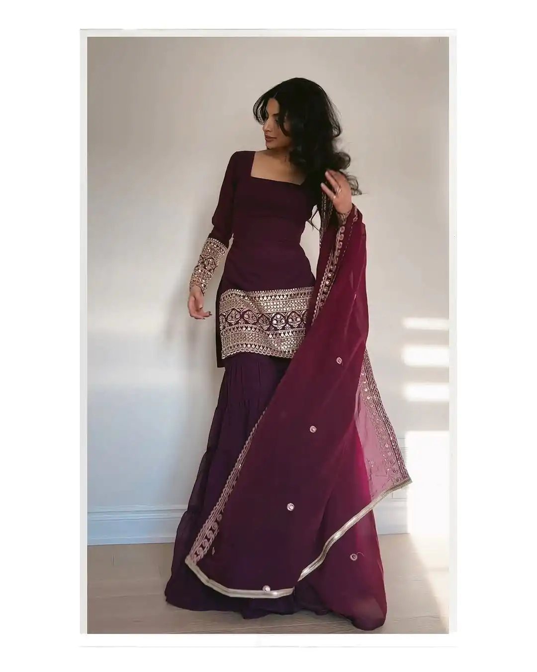 Simple Wine Color Georgette Thread 9mm Sequence Salwar Suit