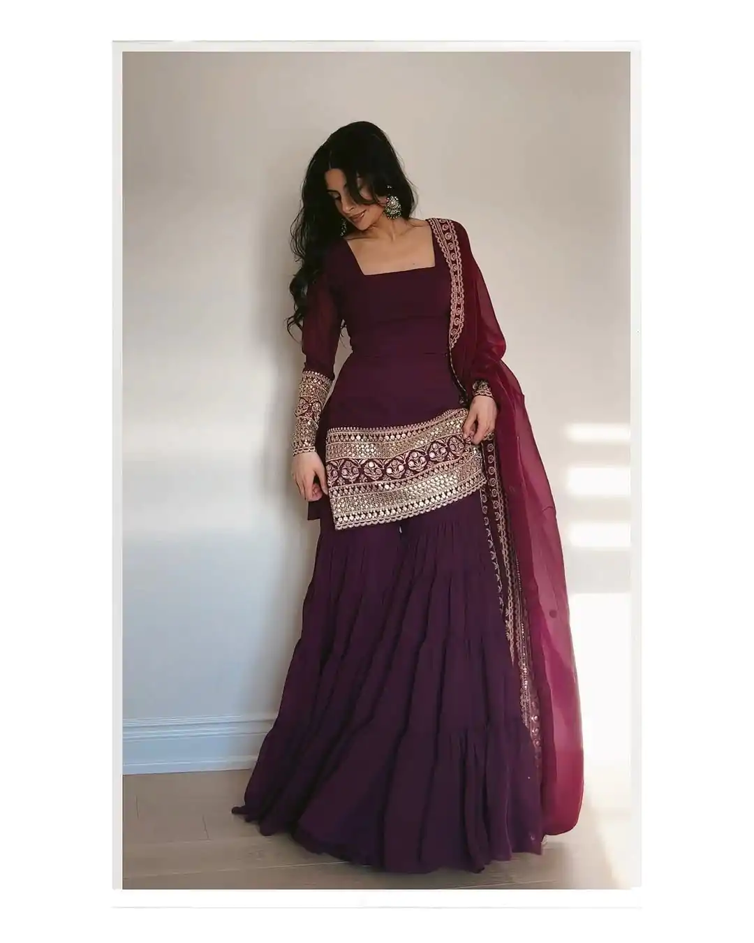 Simple Wine Color Georgette Thread 9mm Sequence Salwar Suit