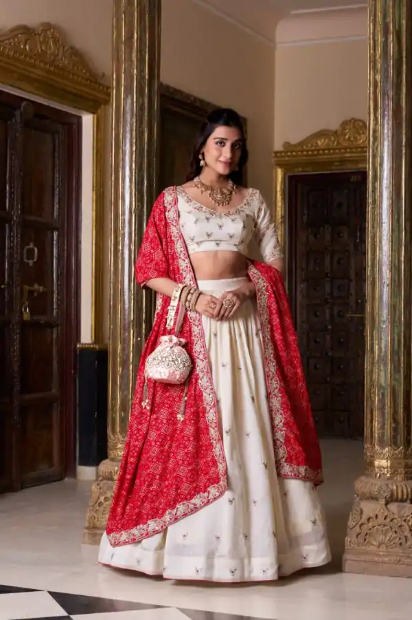 Off White Vichitra Silk Sequins Lehenga Choli