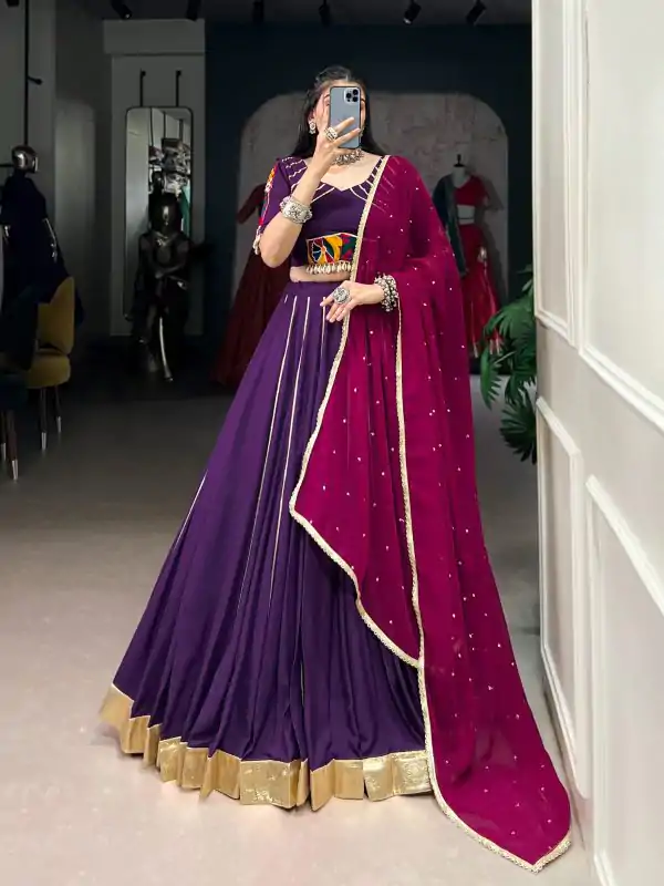 Purple Rayon Embossed Lehenga Choli