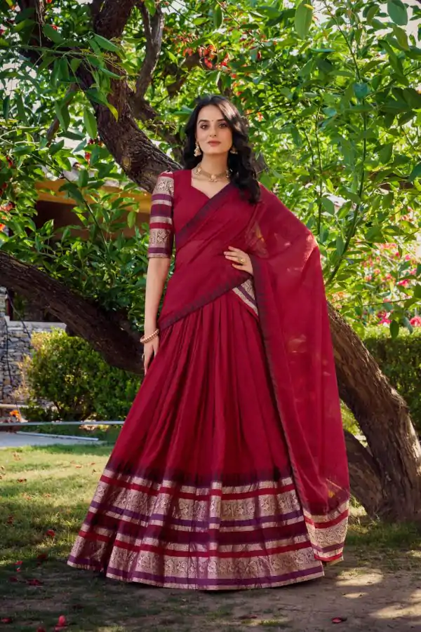 Red Chanderi Plain Lehenga Choli