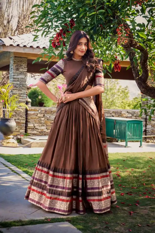 Brown Chanderi Plain Lehenga Choli