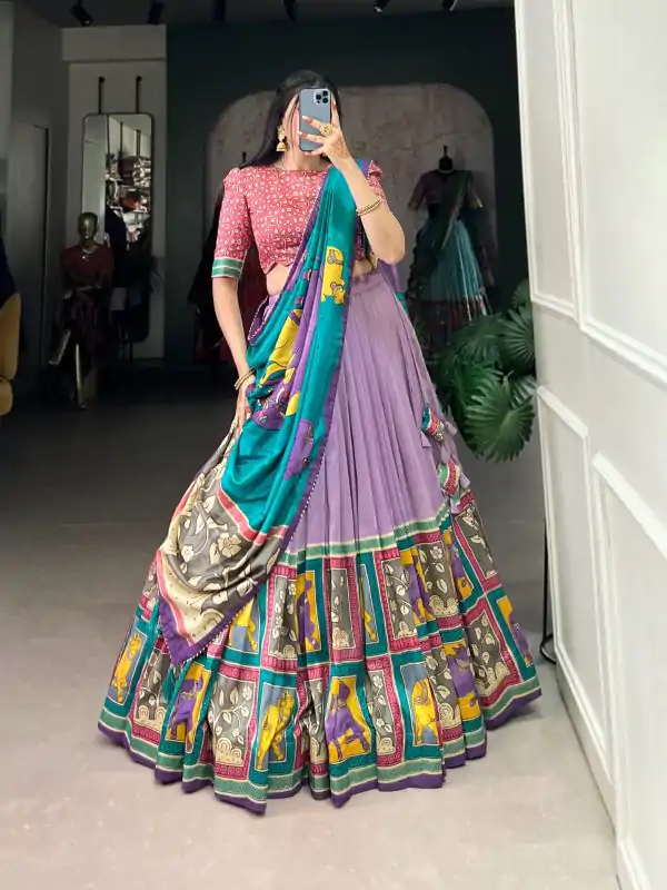 Light Purple Tasar Kalamkari Lehenga Choli