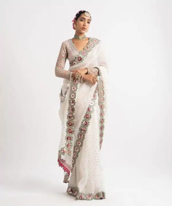 White Georgette Sequence Print Saree