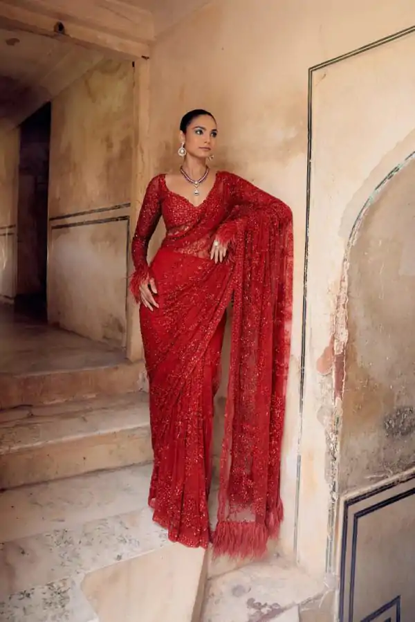 Red Faux Butterfly Net Sequence Saree
