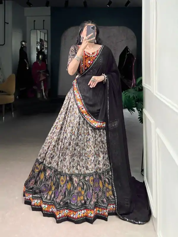 Black Tasar Silk Printed Foil Lehenga Choli
