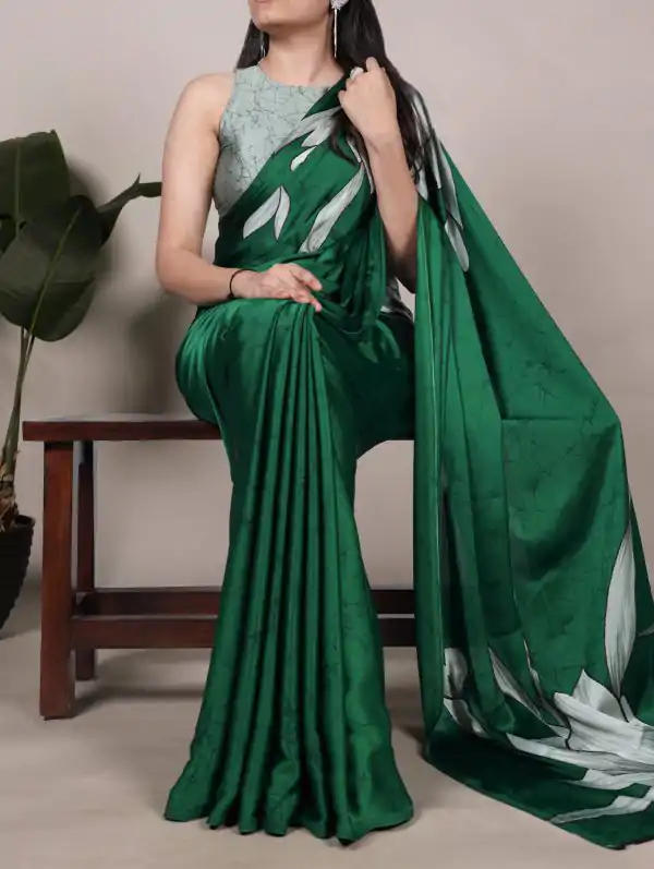 Green Satin Floral Printed Saree