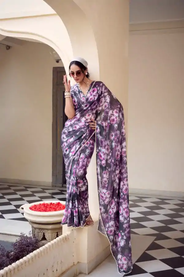 Gray Weightless Floral Printed Saree