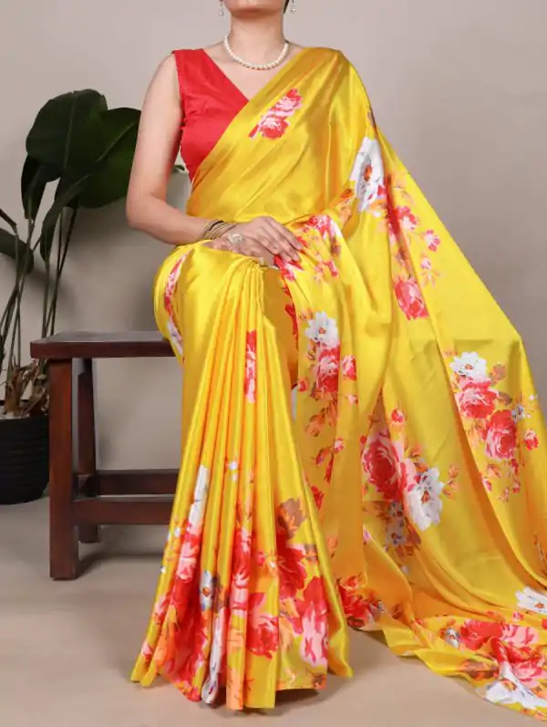 Yellow Satin Silk Printed Saree