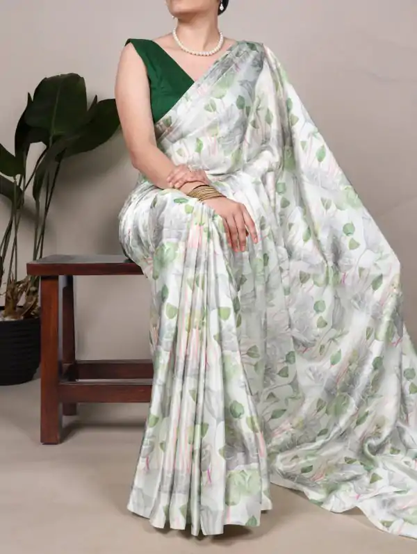 Sea Green Satin Silk Printed Saree