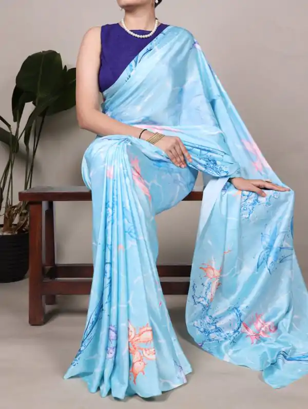 Sky Blue Satin Silk Printed Saree