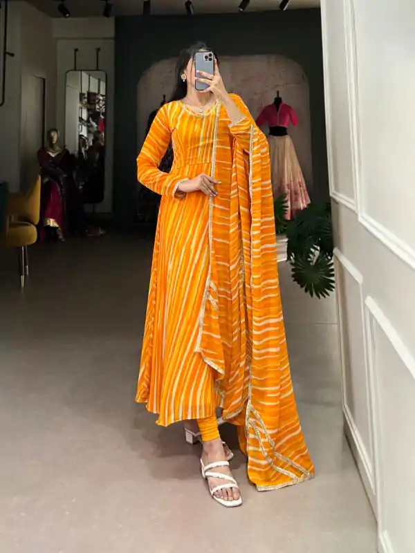 Yellow Georgette Leheriya Gown