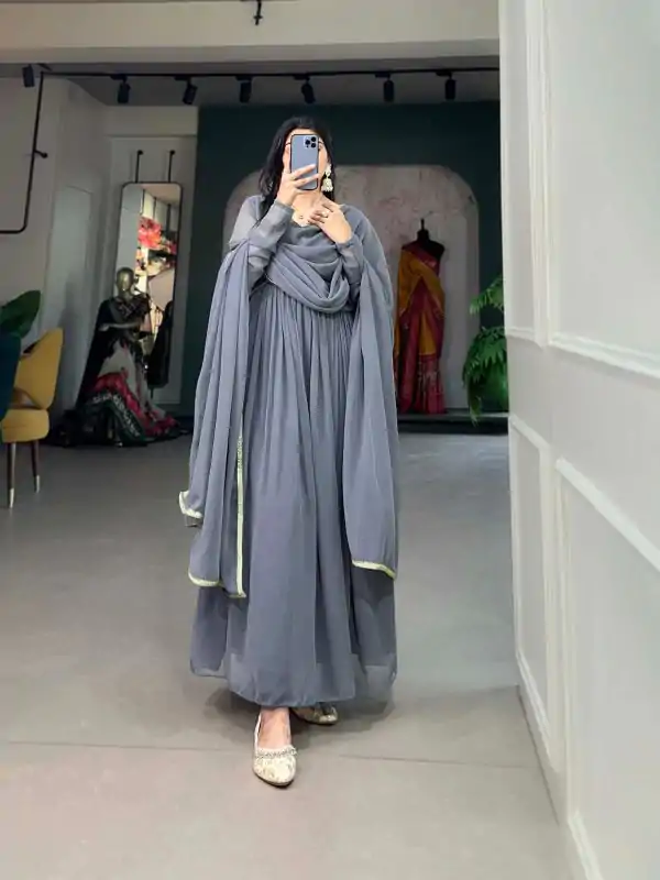 Grey Georgette Embroidery Gown