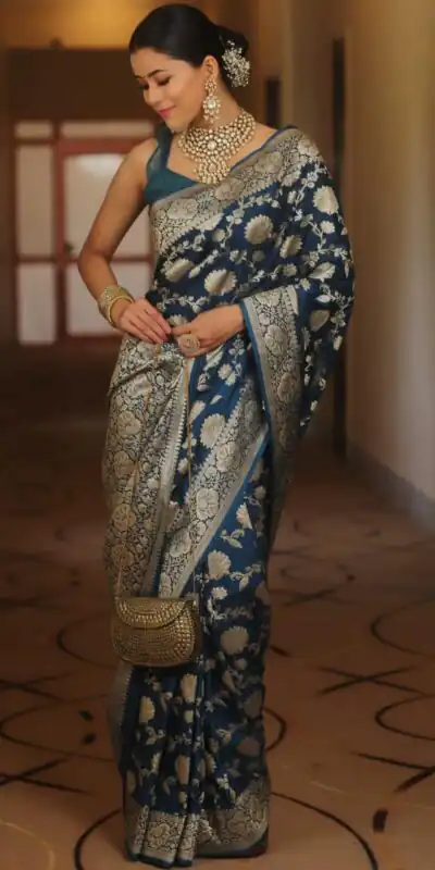Navy Blue Soft Lichi Silk All Over Work Saree