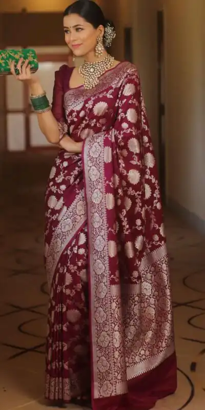 Maroon Soft Lichi Silk All Over Work Saree