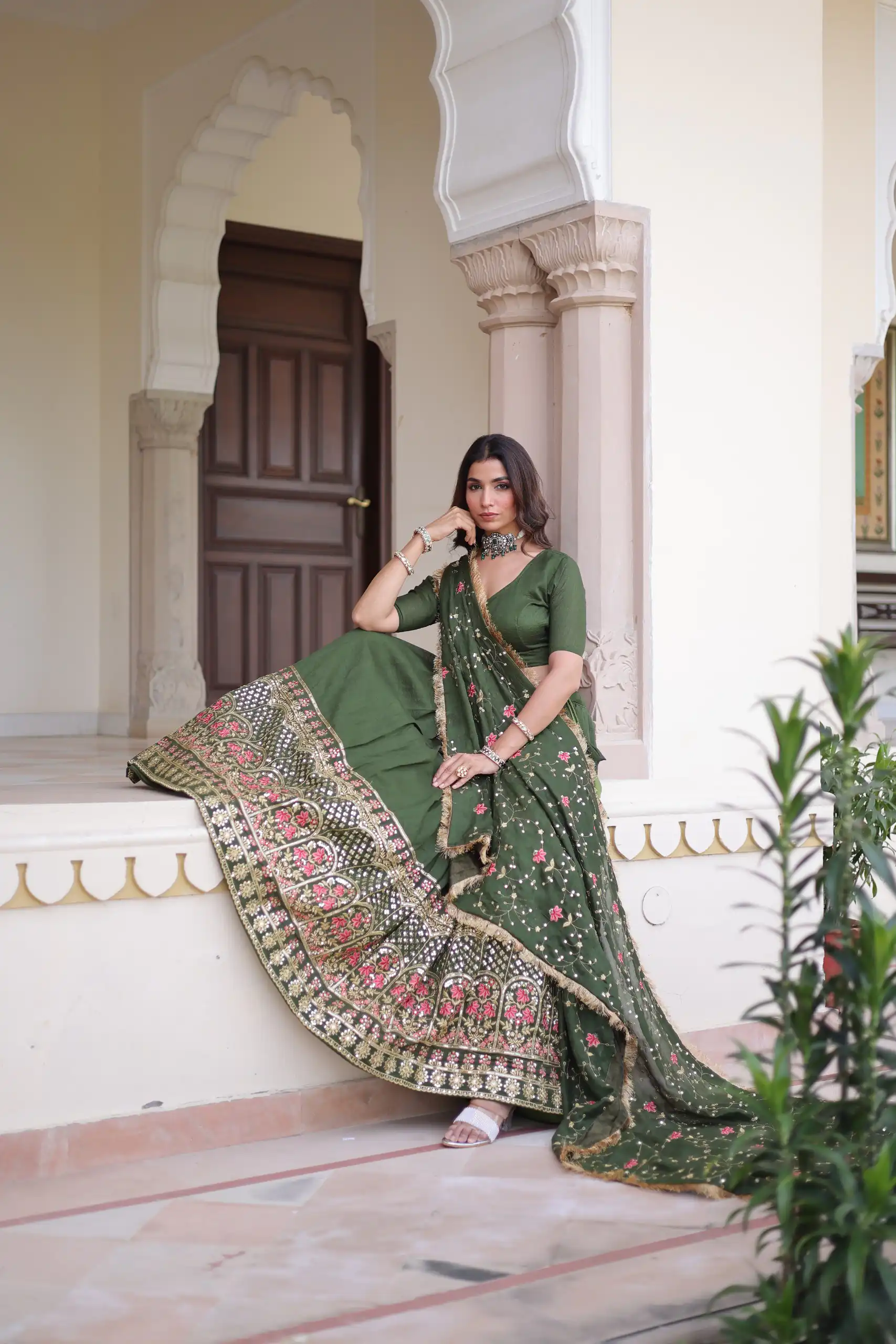 Green Vichitra Silk With Embroider Lehenga Choli