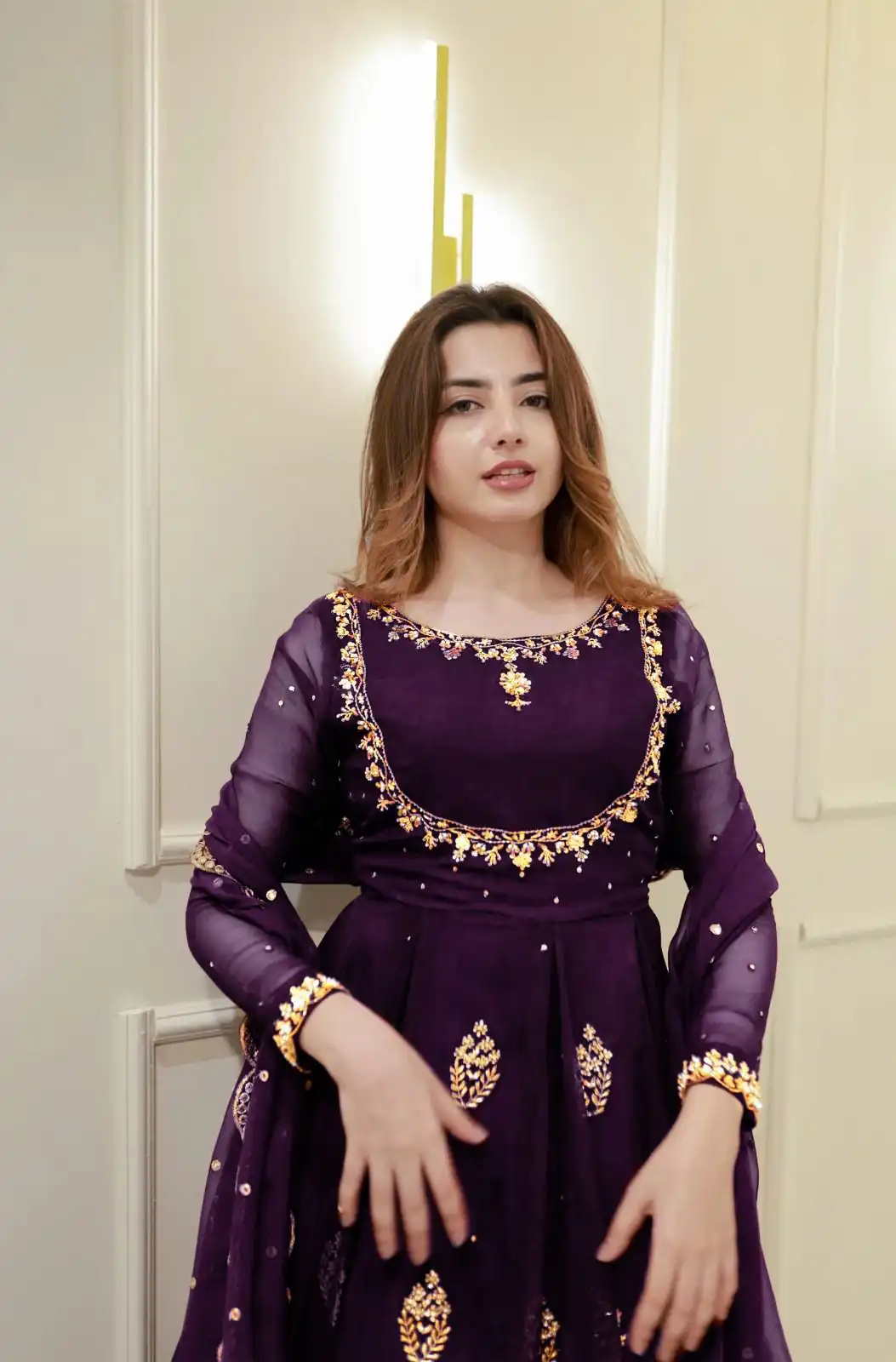 Wine Georgette Embroidery Work Gown - Image 4