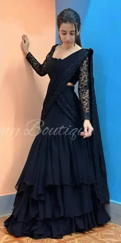 KF 1663 Black Faux Georgette Lehenga Choli with Embroidery Work & Sequins Work. Grab it for ₹2099. Delivery 4-6 Working Days. Shop now. | Lehenga, Bollywood Lehenga, Creative Lehenga, Designer Lehenga, Embroidered Lehenga, Party Wear Lehenga