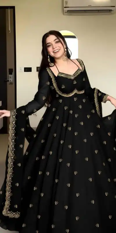 MF 1003 Black Georgette Gown. Perfect for Wedding, Party, Pongal, Bridal Wear, Anniversary – Affordable Price ₹1799. Delivery 4-6 Working Days. Shop now. | Gowns, Bollywood Gowns, Creative Gowns, Designer Gowns, Embroidered Gowns, Party Wear Gowns