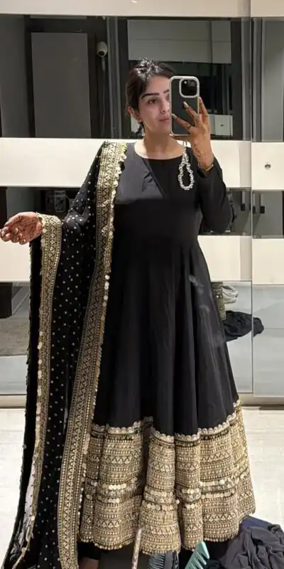 ZSR 3152 Black Color Roman silk Gown with Embroidery Work & Lace Work. Grab it for ₹2599. Delivery 4-6 Working Days. Shop now. | Gowns, Bollywood Gowns, Creative Gowns, Designer Gowns, Embroidered Gowns, Party Wear Gowns