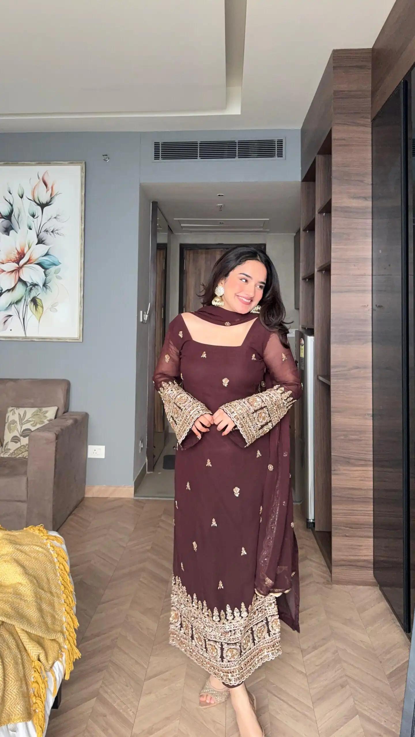 ZSR 3156 Brown Georgette Salwar Suit with Embroidery Work. Wedding, Party, Festive, Events, Grab it for ₹2049. Delivery 4-6 Working Days. Shop now. | Jump Suits, Tops & Bottoms, Track Suits, Salwar suit, Casual Suits, Creative suits, Designer Suits, Palazzo Suits, Party Wear Suits, Patiala Suits, Straight Suits, Trendy Wear