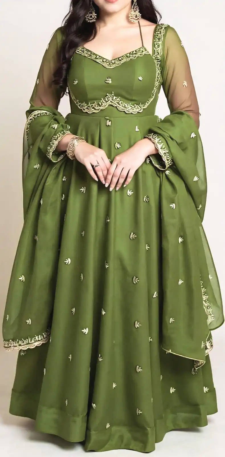 MF 1003 Green Georgette Gown. Perfect for Wedding, Party, Pongal, Bridal Wear, Anniversary – Affordable Price ₹1799. Delivery 4-6 Working Days. Shop now. | Gowns, Bollywood Gowns, Creative Gowns, Designer Gowns, Embroidered Gowns, Party Wear Gowns