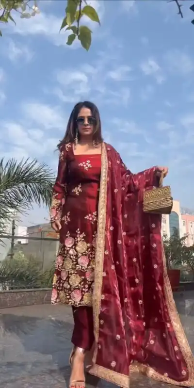 NSR 881 Maroon Organza Poly Silk Salwar Suit with Embroidery Work & Lace Work. Introductory Price ₹209. Delivery 4-6 Working Days. Shop now. | Jump Suits, Salwar suit, Casual Suits, Creative suits, Designer Suits, Palazzo Suits, Party Wear Suits, Patiala Suits, Straight Suits