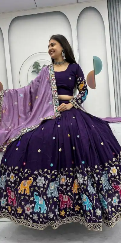 PC 545 Purple Vichitra Silk Lehenga Choli with Lace Border & Lace Work. Special Price ₹3249. Delivery 4-6 Working Days. Shop now. | Lehenga, Bollywood Lehenga, Creative Lehenga, Designer Lehenga, Embroidered Lehenga, Party Wear Lehenga