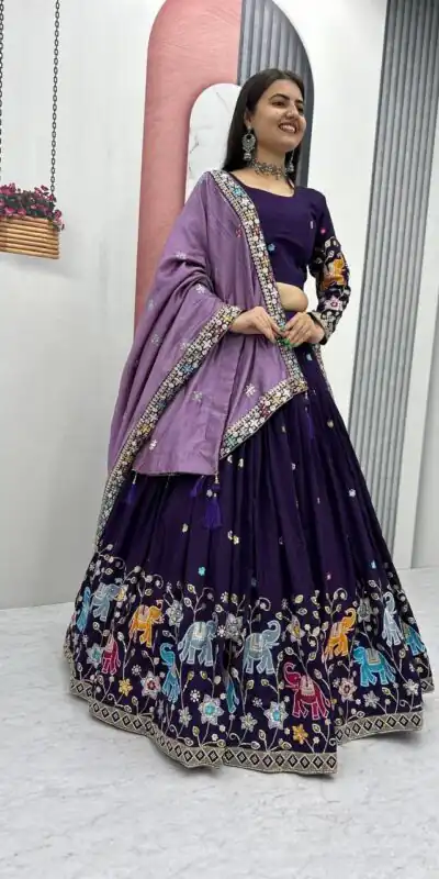 PC 545 Purple Vichitra Silk Lehenga Choli with Lace Border & Lace Work. Special Price ₹3249. Delivery 4-6 Working Days. Shop now. | Lehenga, Bollywood Lehenga, Creative Lehenga, Designer Lehenga, Embroidered Lehenga, Party Wear Lehenga
